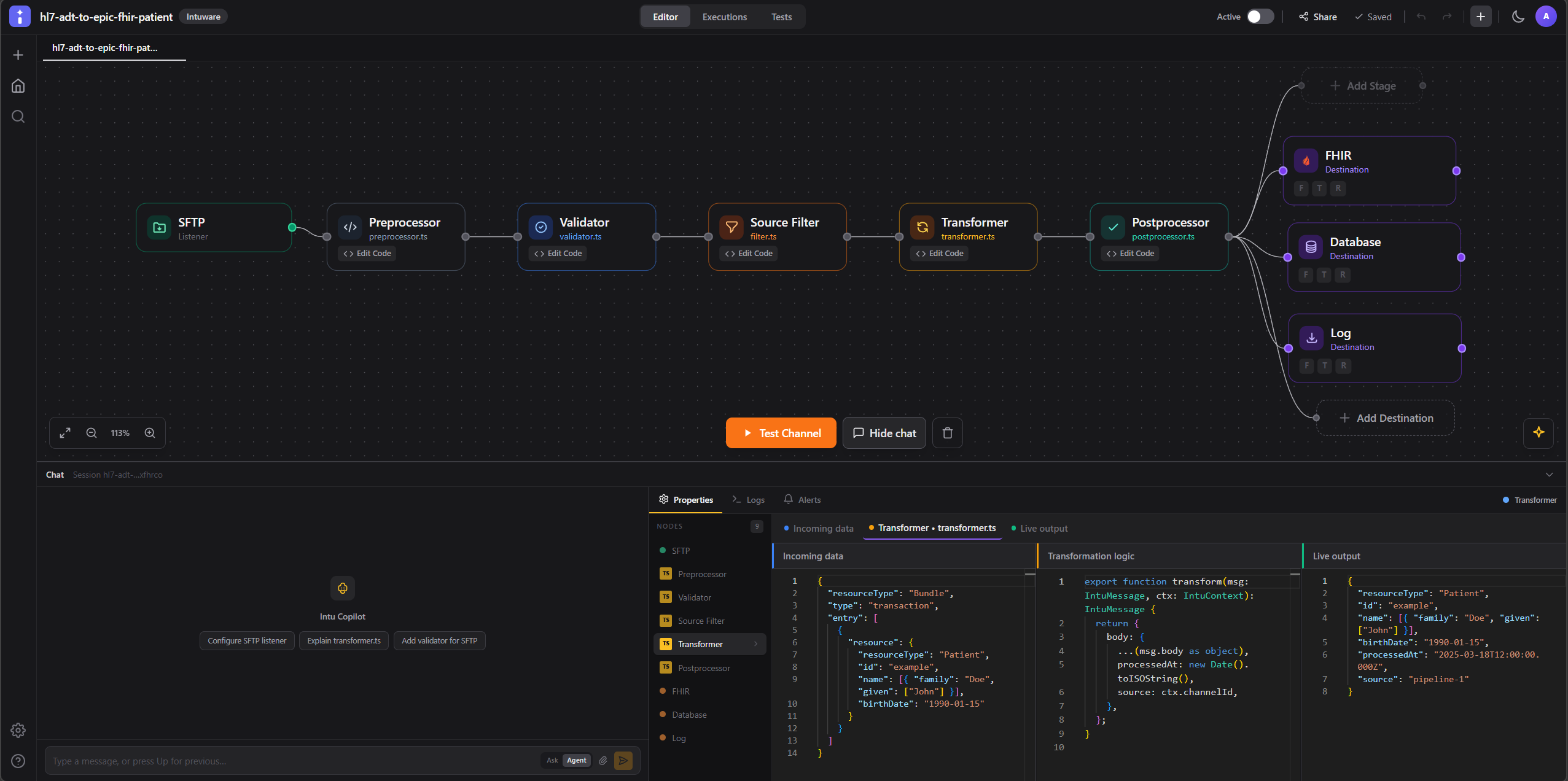 IntuCloud Visual Pipeline Designer — drag-and-drop healthcare integration builder with code editor, FHIR transformers, and real-time message tracing